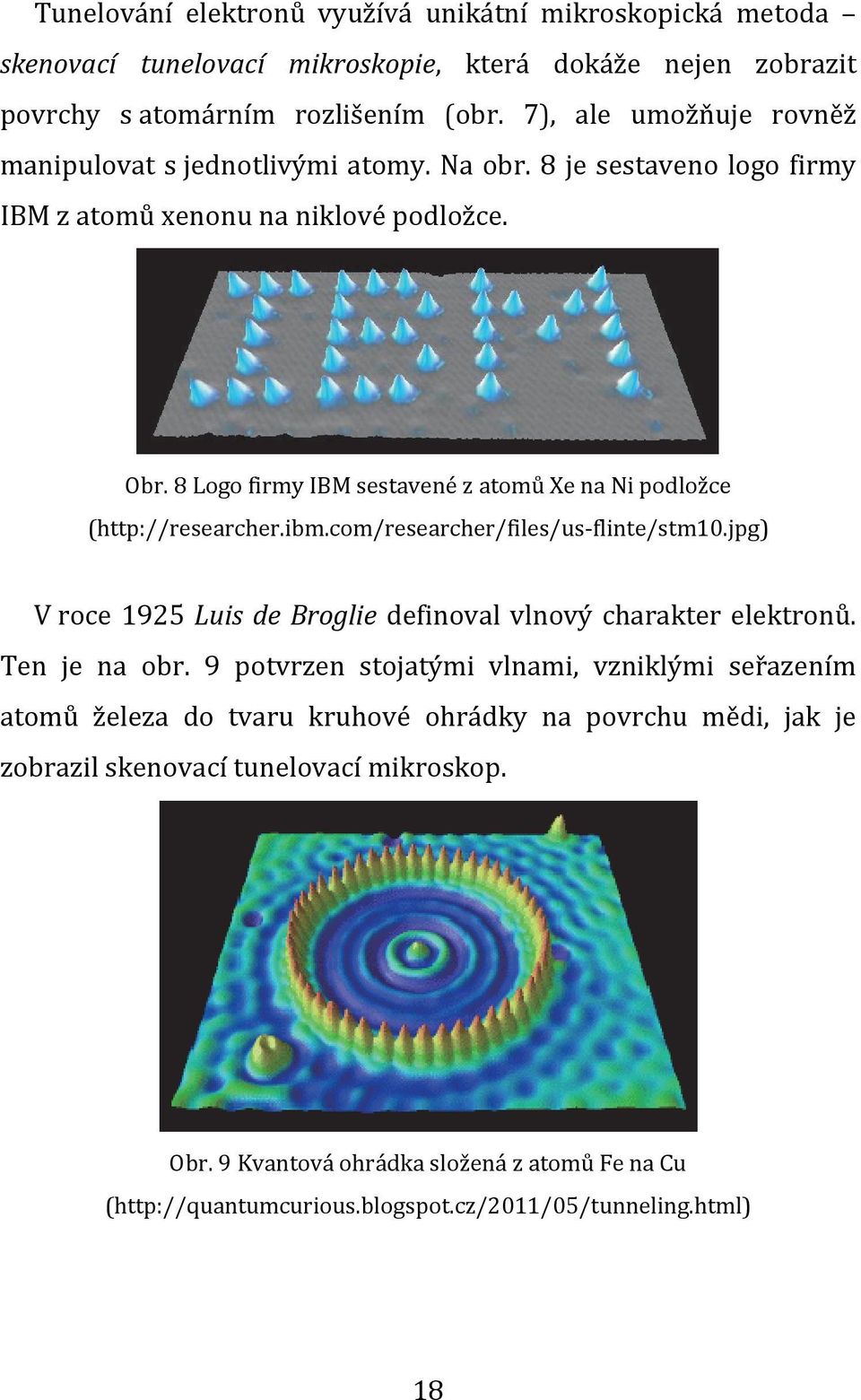 8 Logo firmy IBM sestavené z atomů Xe na Ni podložce (http://researcher.ibm.com/researcher/files/us flinte/stm10.jpg) V roce 1925 Luis de Broglie definoval vlnový charakter elektronů.