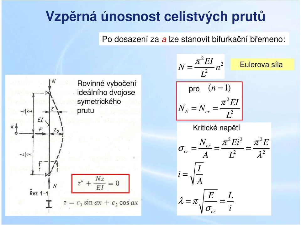 prutu σ i π EI = L E cr = for pro n ( n = 1) π EI = cr = L critical