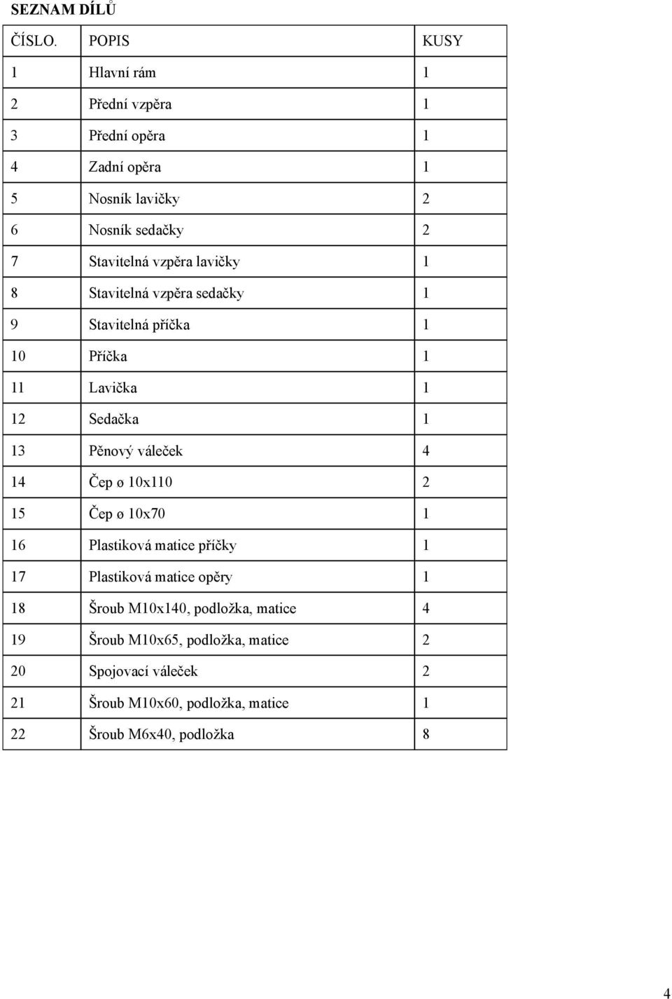 vzpěra lavičky 1 8 Stavitelná vzpěra sedačky 1 9 Stavitelná příčka 1 10 Příčka 1 11 Lavička 1 12 Sedačka 1 13 Pěnový váleček 4 14