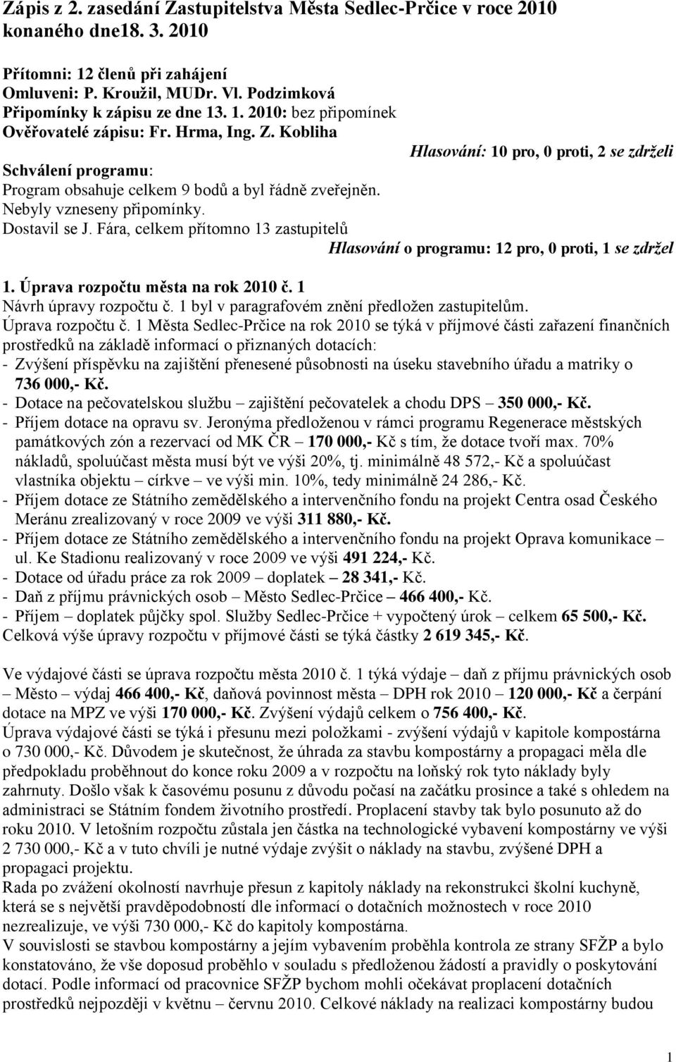 Fára, celkem přítomno 13 zastupitelů Hlasování o programu: 12 pro, 0 proti, 1 se zdržel 1. Úprava rozpočtu města na rok 2010 č. 1 Návrh úpravy rozpočtu č.