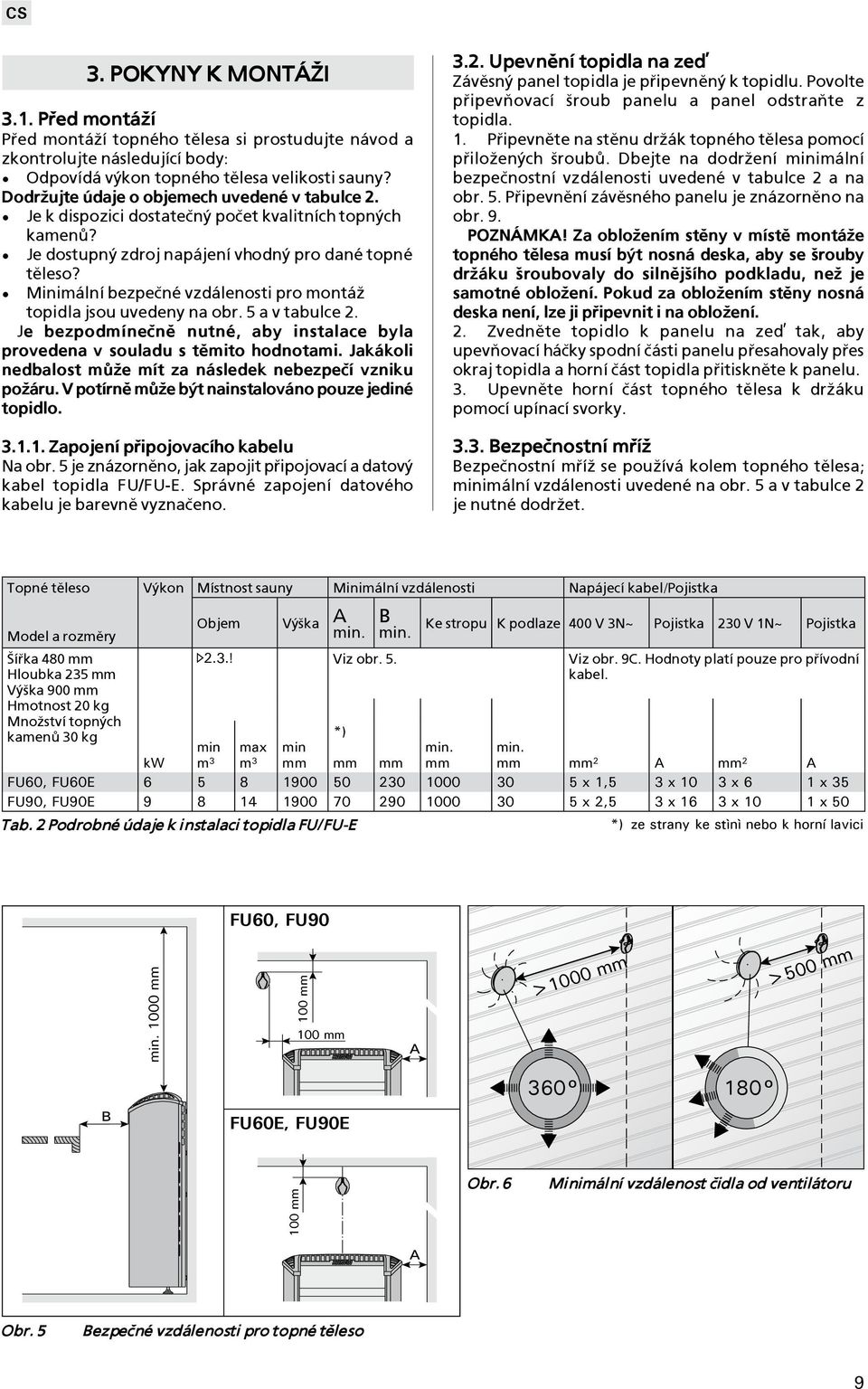 Minimální bezpeèné vzdálenosti pro montá¾ topidla jsou uvedeny na obr. 5 a v tabulce 2. Je bezpodmíneènì nutné, aby instalace byla provedena v souladu s tìmito hodnotami.