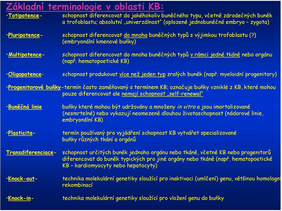 ) (embryonální kmenové buňky) Multipotence- Oligopotence- schopnost diferencovat do mnoha buněčných typů v rámci jedné tkáně nebo orgánu (např.