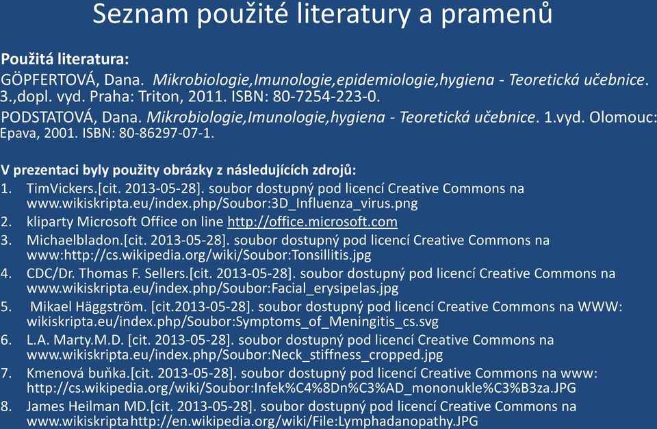 [cit. 2013-05-28]. soubor dostupný pod licencí Creative Commons na www.wikiskripta.eu/index.php/soubor:3d_influenza_virus.png 2. kliparty Microsoft Office on line http://office.microsoft.com 3.