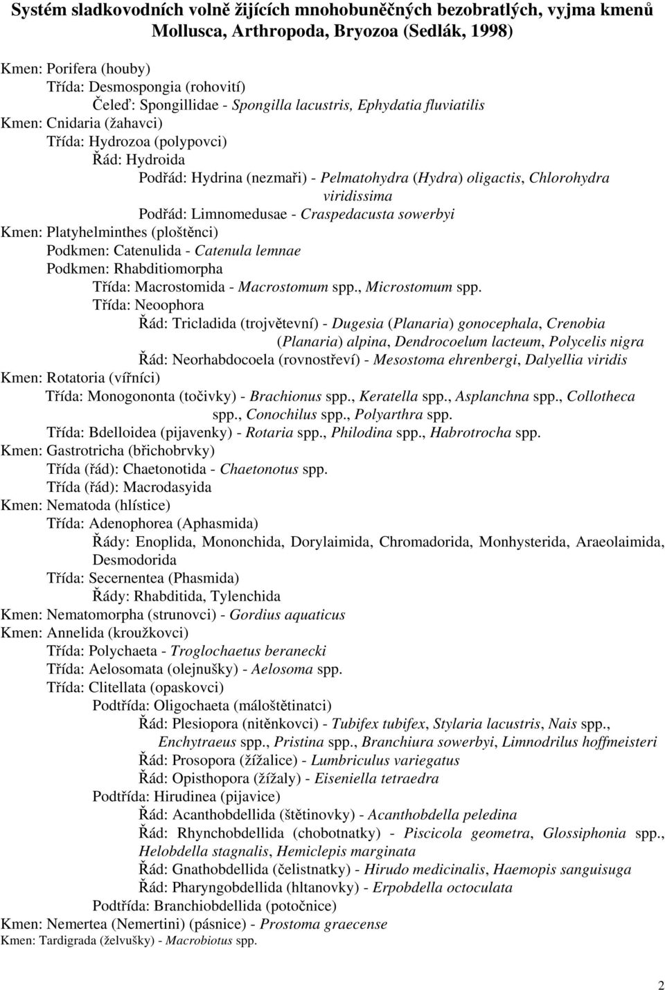 Podřád: Limnomedusae - Craspedacusta sowerbyi Kmen: Platyhelminthes (ploštěnci) Podkmen: Catenulida - Catenula lemnae Podkmen: Rhabditiomorpha Třída: Macrostomida - Macrostomum spp., Microstomum spp.