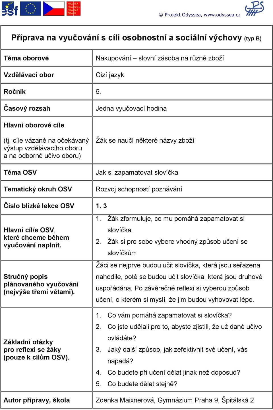 cíle vázané na očekávaný výstup vzdělávacího oboru a na odborné učivo oboru) Téma OSV Tematický okruh OSV Žák se naučí některé názvy zboží Jak si zapamatovat slovíčka Rozvoj schopností poznávání