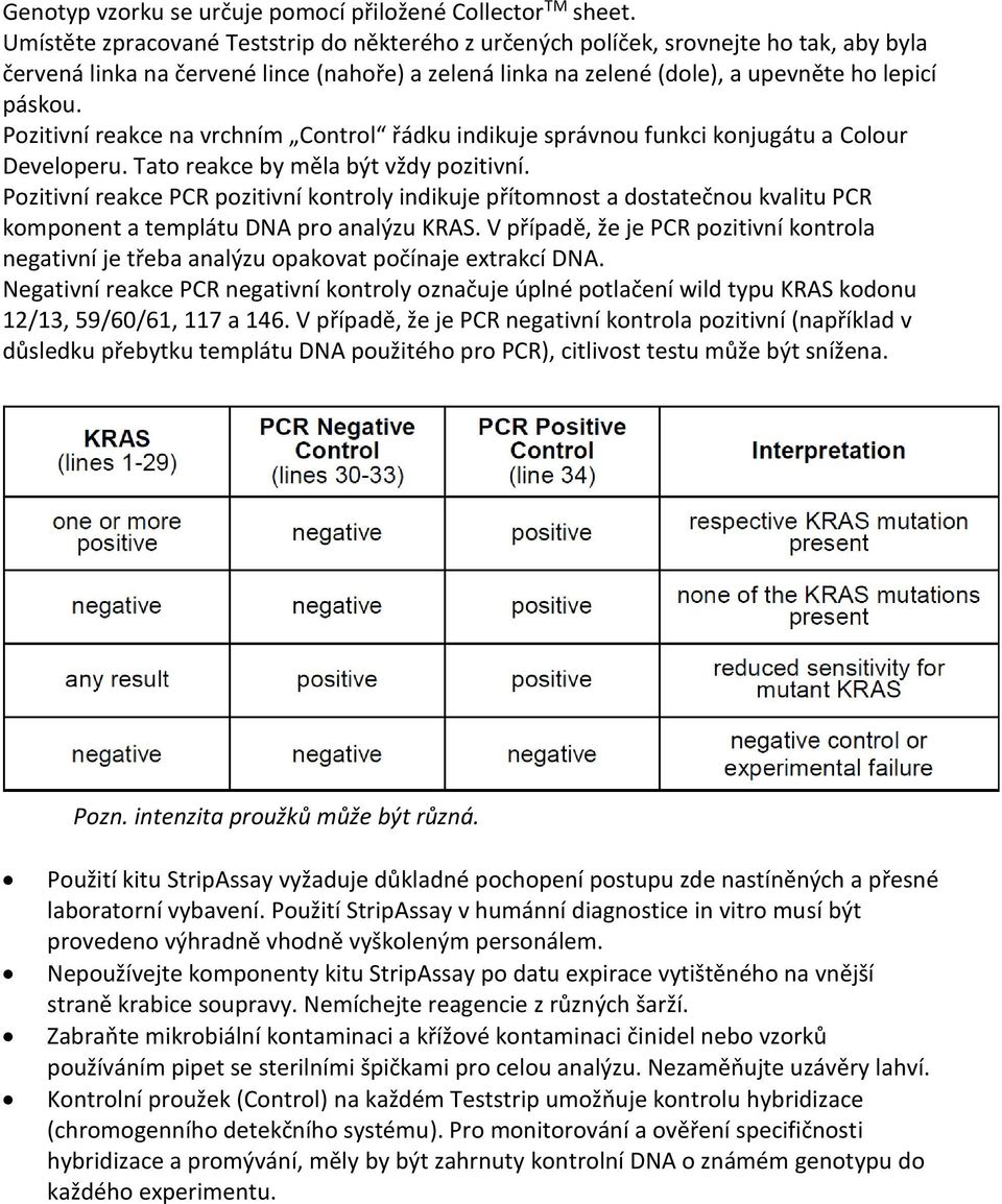 Pozitivní reakce na vrchním Control řádku indikuje správnou funkci konjugátu a Colour Developeru. Tato reakce by měla být vždy pozitivní.