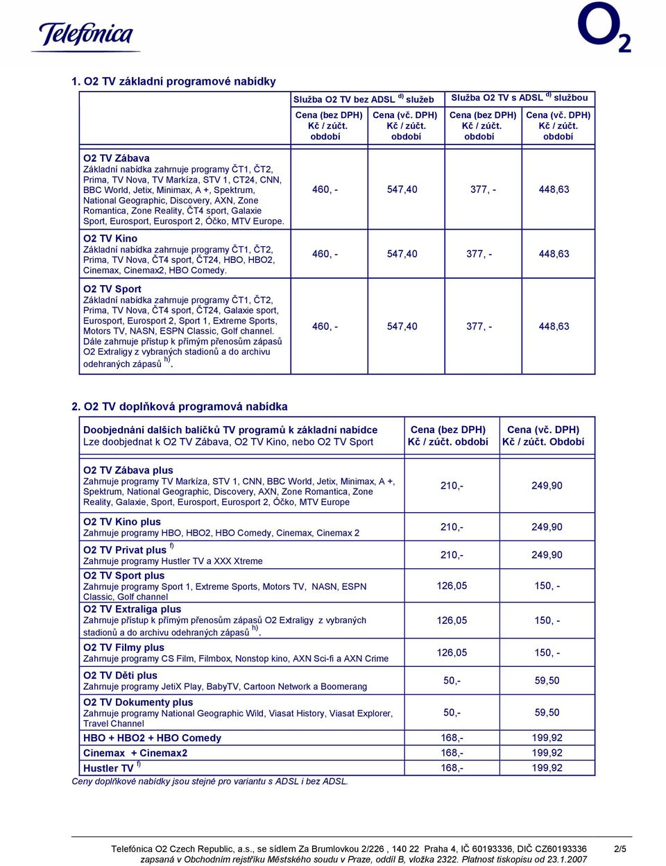 O2 TV Kino Prima, TV Nova, ČT4 sport, ČT24, HBO, HBO2, Cinemax, Cinemax2, HBO Comedy.
