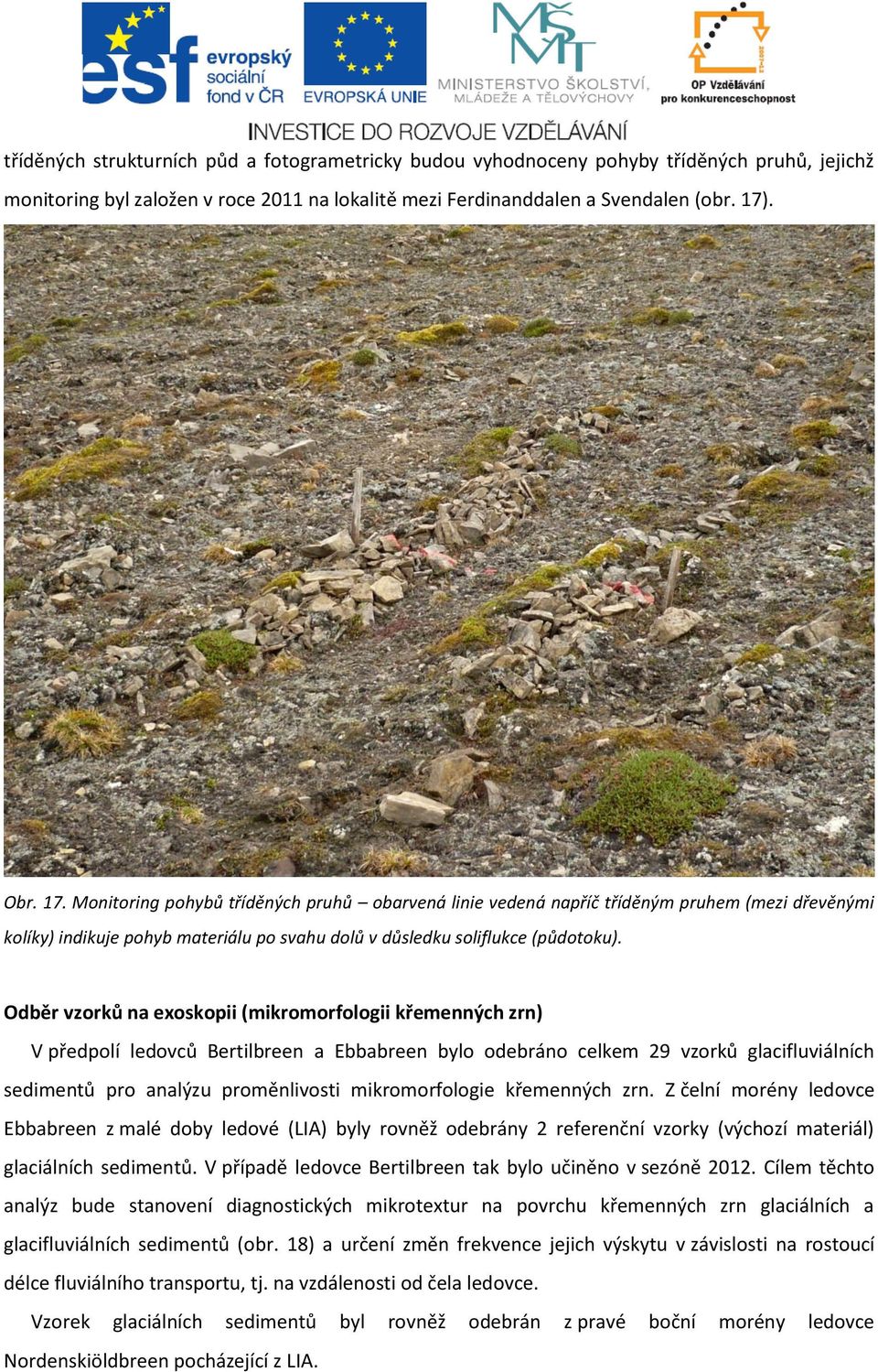 Odběr vzorků na exoskopii (mikromorfologii křemenných zrn) V předpolí ledovců Bertilbreen a Ebbabreen bylo odebráno celkem 29 vzorků glacifluviálních sedimentů pro analýzu proměnlivosti