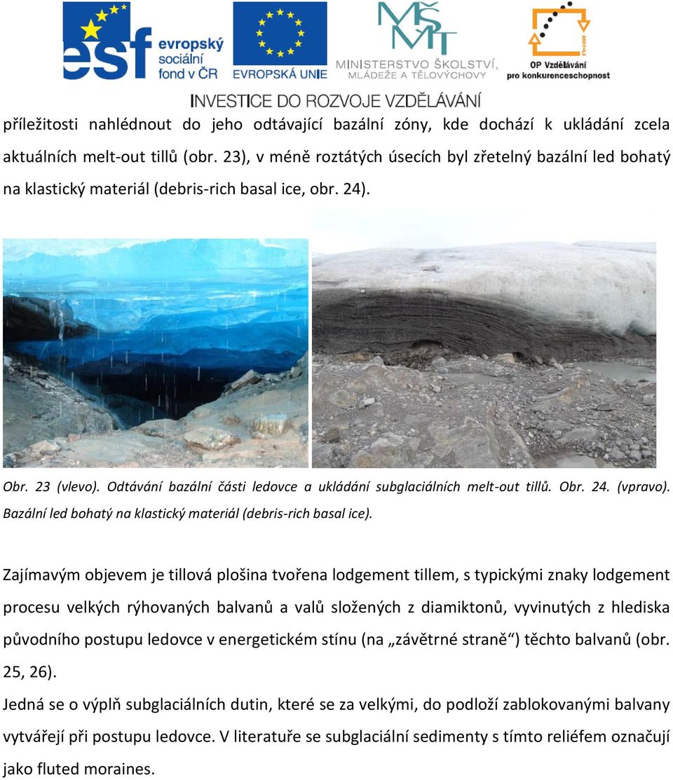 Odtávání bazální části ledovce a ukládání subglaciálních melt-out tillů. Obr. 24. (vpravo). Bazální led bohatý na klastický materiál (debris-rich basal ice).