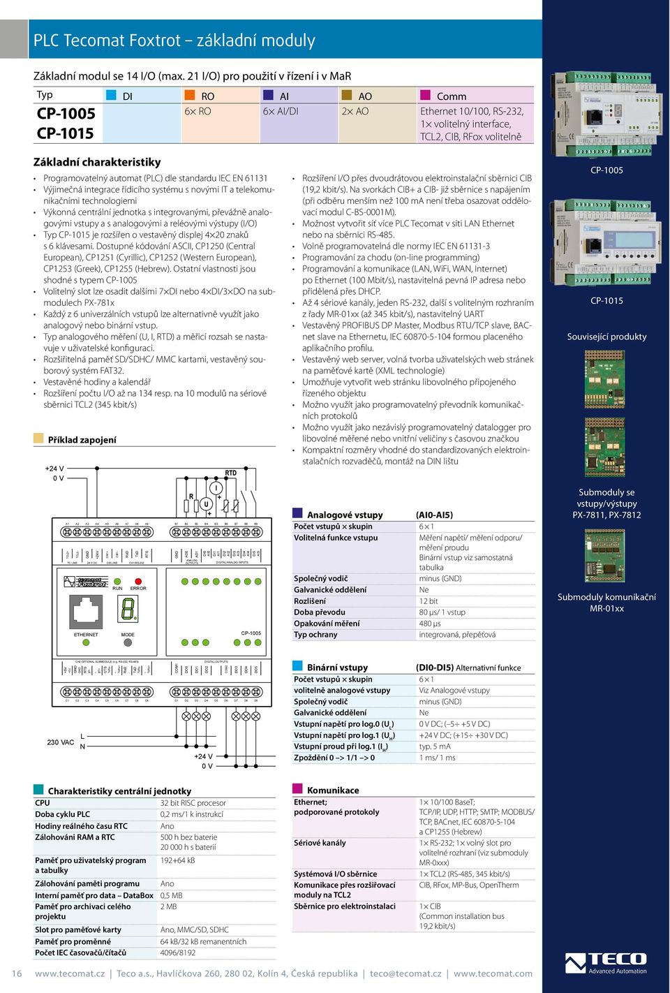 standardu IEC EN 61131 Výjimečná integrace řídicího systému s novými IT a telekomunikačními technologiemi Výkonná centrální jednotka s integrovanými, převážně analogovými vstupy a s analogovými a