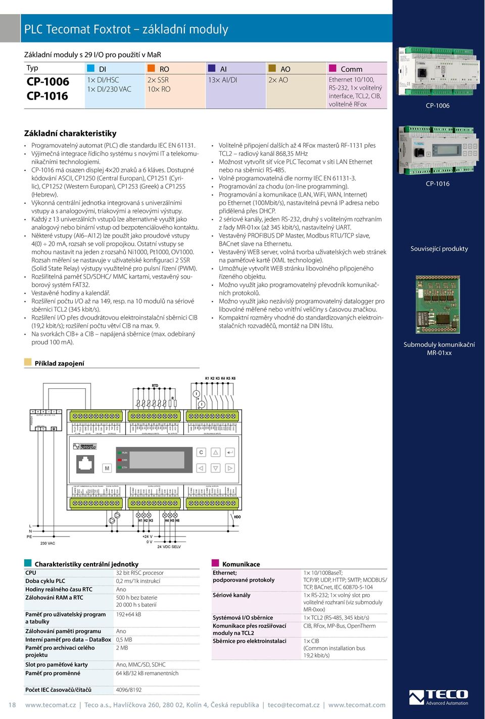 AI/DI 2 AO Ethernet 10/100, RS-232, 1 volitelný interface, TCL2, CIB, volitelně RFox CP-1006 Programovatelný automat (PLC) dle standardu IEC EN 61131.