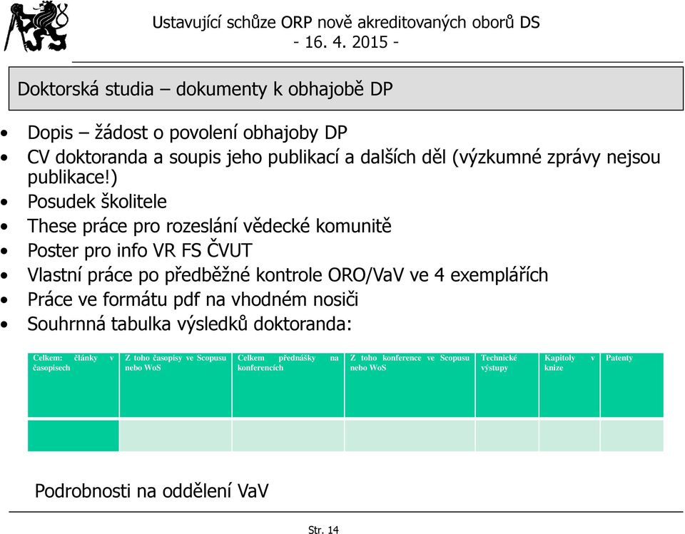 ) Posudek školitele These práce pro rozeslání vědecké komunitě Poster pro info VR FS ČVUT Vlastní práce po předběžné kontrole ORO/VaV ve 4 exemplářích