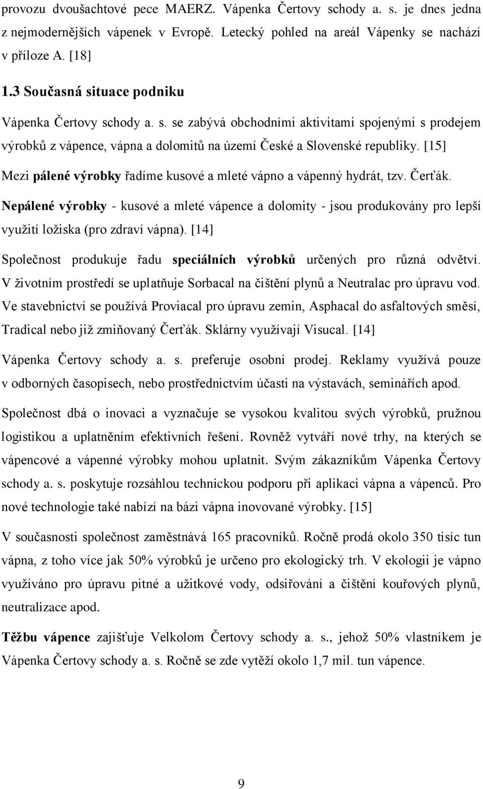 [15] Mezi pálené výrobky řadíme kusové a mleté vápno a vápenný hydrát, tzv. Čerťák.