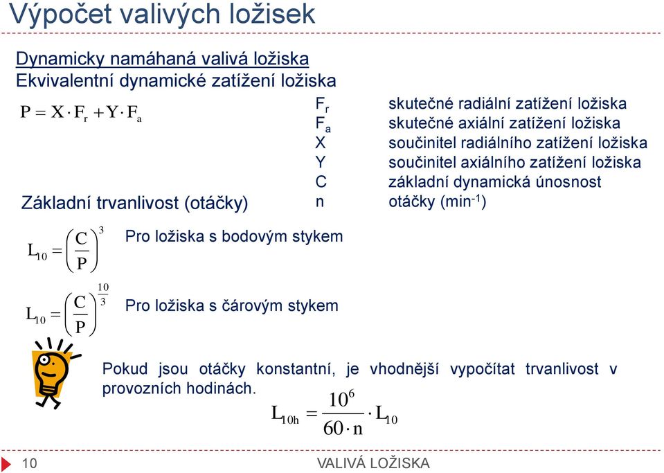 axiálního zatížení ložiska C základní dynamická únosnost n otáčky (min -1 ) C L10 P C L10 P 3 10 3 Pro ložiska s bodovým stykem Pro ložiska