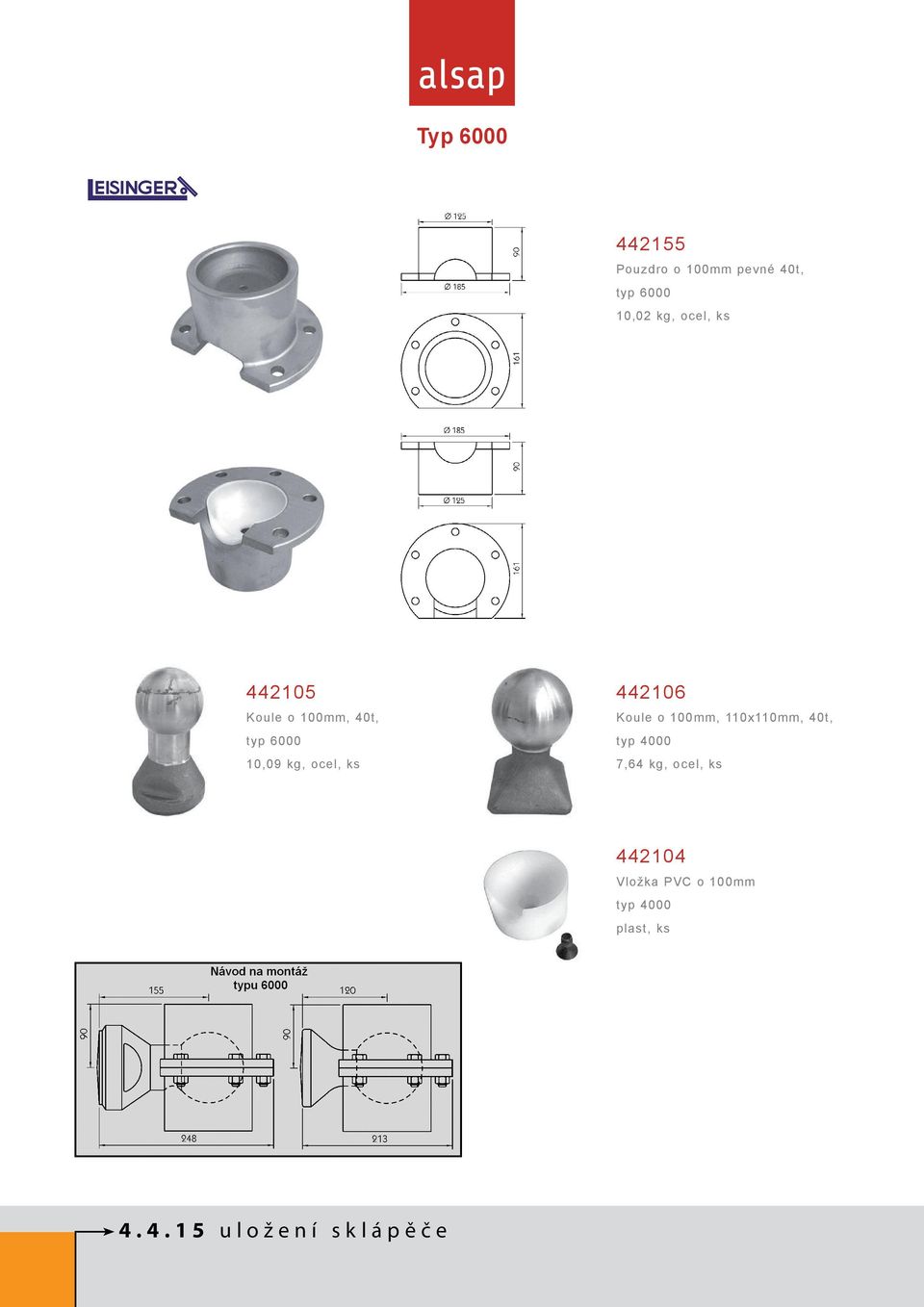 kg, ocel, ks 442106 Koule o 100mm, 110x110mm, 40t, 7,64