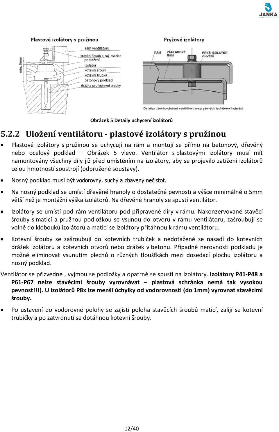 Ventilátor s plastovými izolátory musí mít namontovány všechny díly již před umístěním na izolátory, aby se projevilo zatížení izolátorů celou hmotností soustrojí (odpružené soustavy).