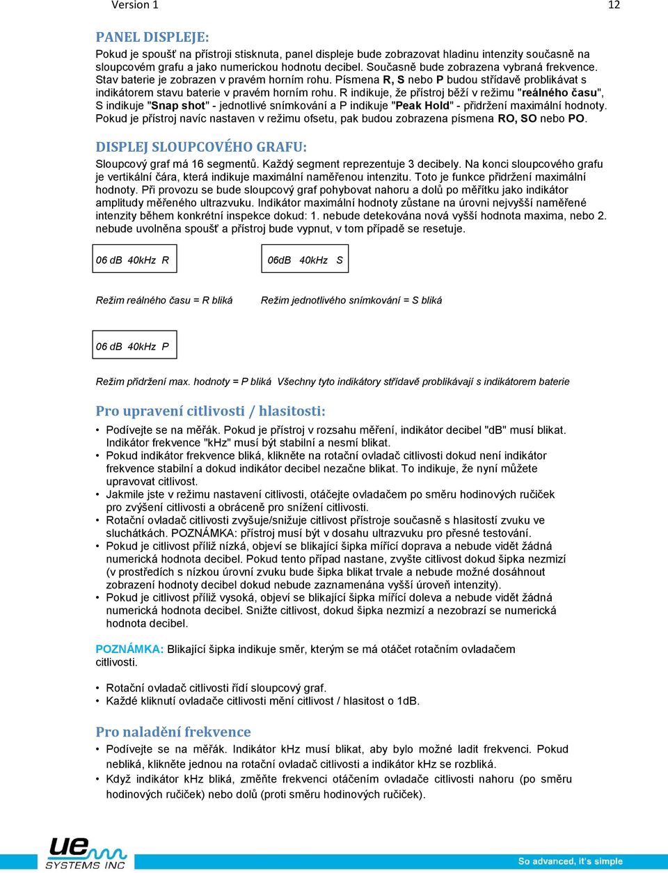 R indikuje, že přístroj běží v režimu "reálného času", S indikuje "Snap shot" - jednotlivé snímkování a P indikuje "Peak Hold" - přidržení maximální hodnoty.