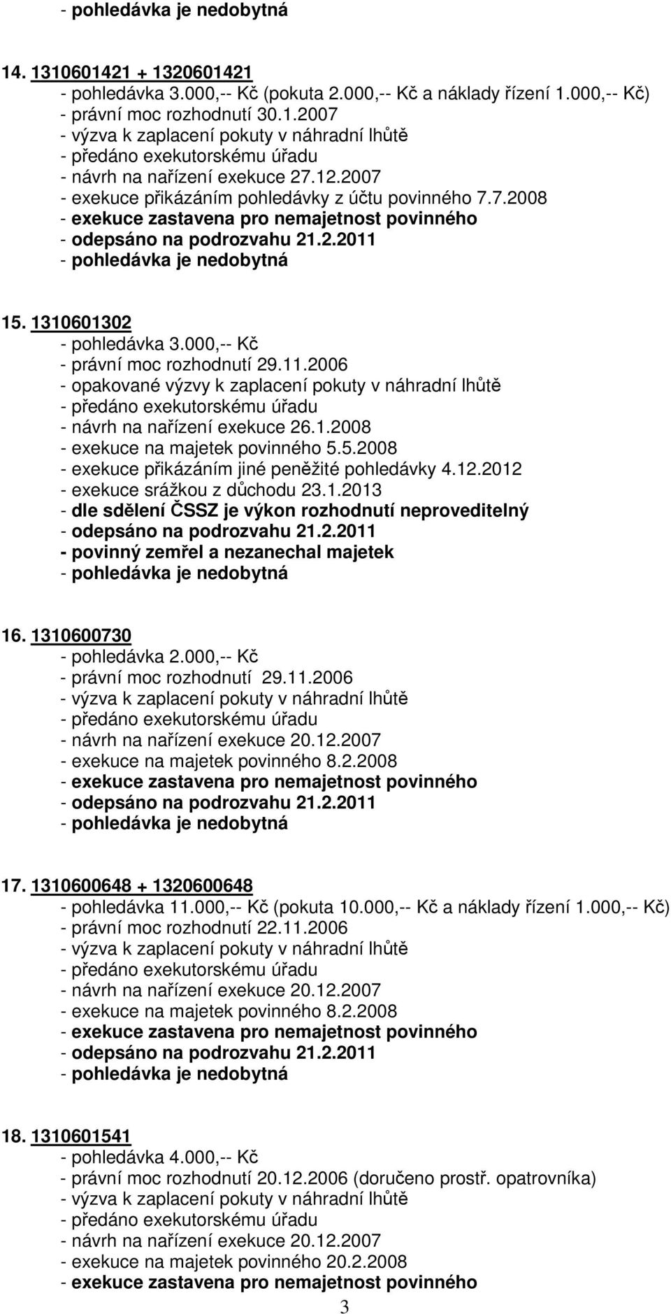 000,-- Kč - právní moc rozhodnutí 29.11.2006 - opakované výzvy k zaplacení pokuty v náhradní lhůtě - návrh na nařízení exekuce 26.1.2008 - exekuce na majetek povinného 5.