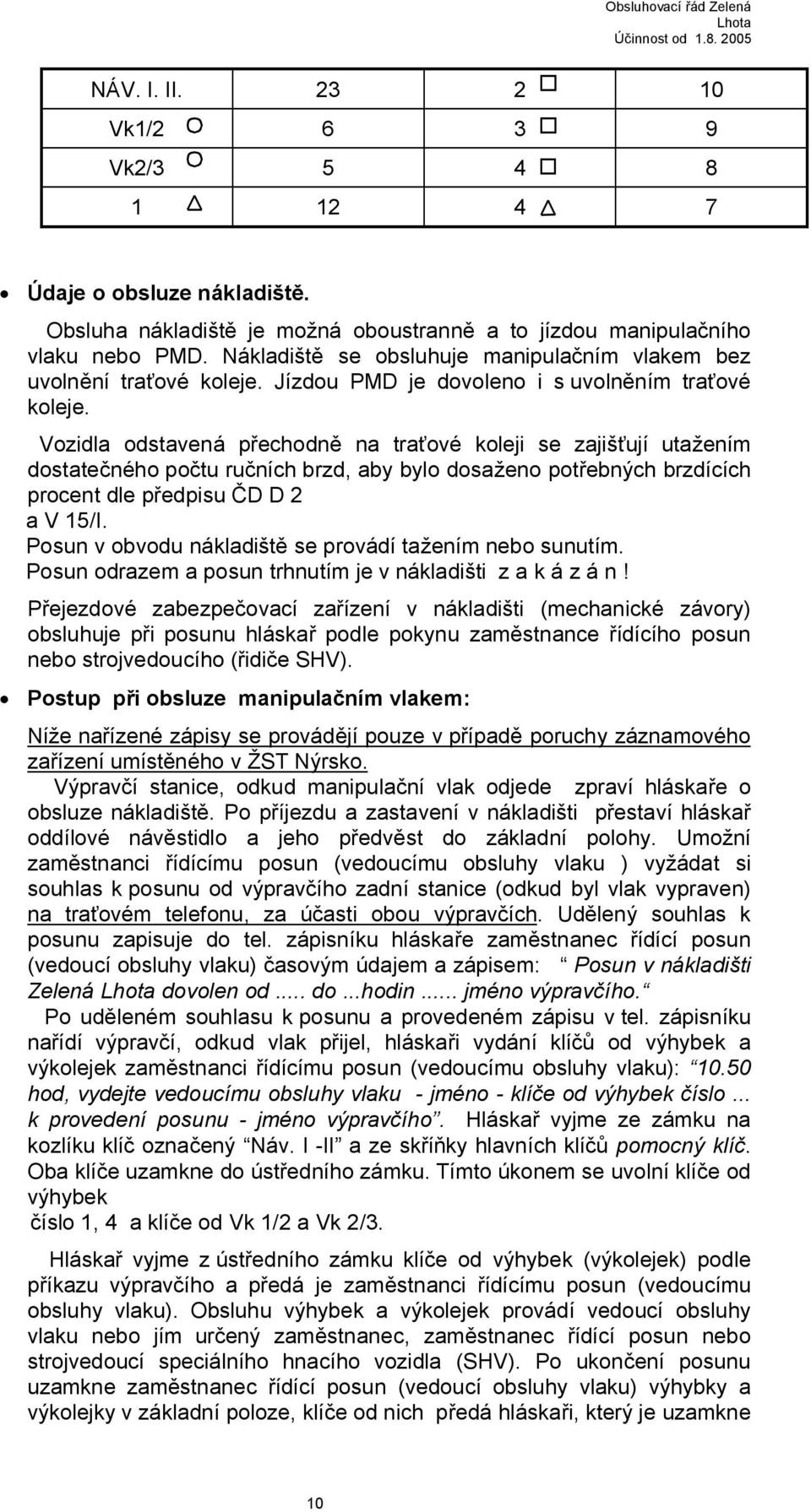 Vozidla odstavená přechodně na traťové koleji se zajišťují utažením dostatečného počtu ručních brzd, aby bylo dosaženo potřebných brzdících procent dle předpisu ČD D 2 a V 15/I.