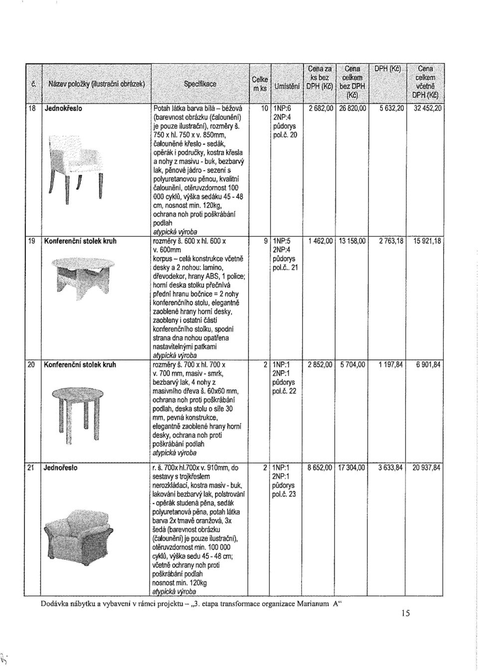 výška sedáku 45-48 cm, nosnost min. 120kg, ochrana noh proti poškrábání podlah 19 Konferenční stolek kruh rozměry š. 600 x hi. 600 x v.