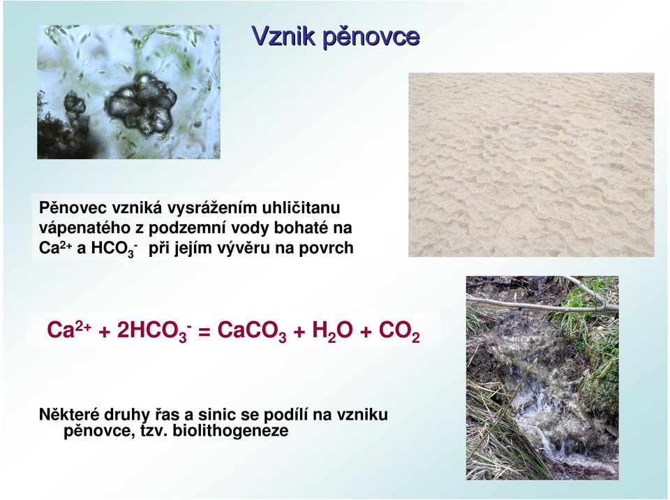 jejím vývěru na povrch Ca 2+ + 2HCO 3- = CaCO 3 + H 2 O + CO