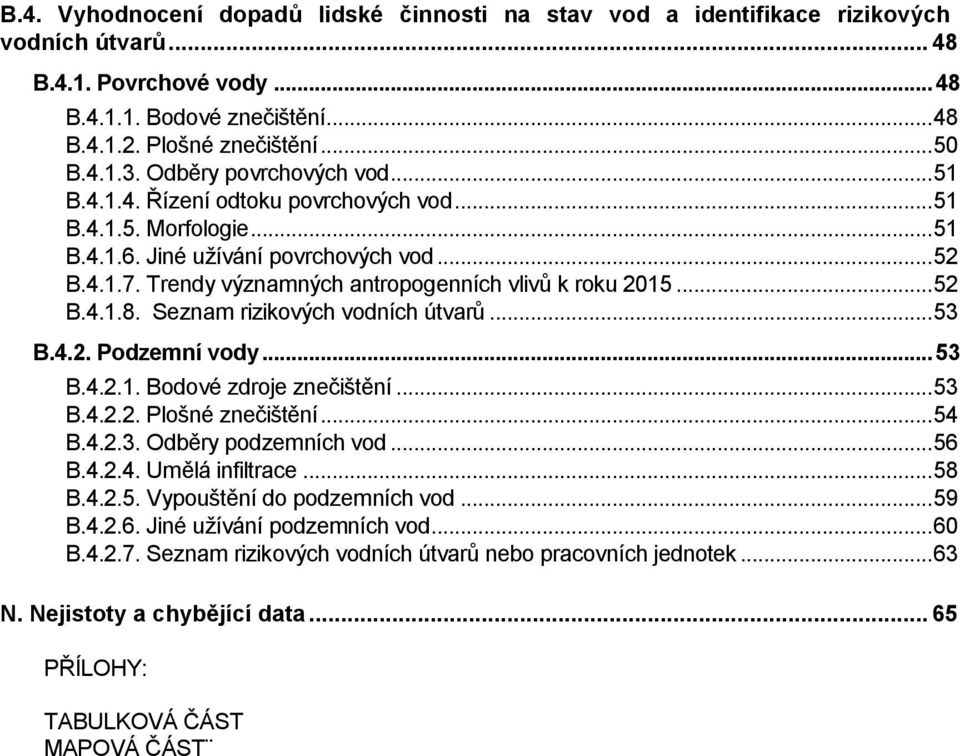 Trendy významných antropogenních vlivů k roku 2015... 52 B.4.1.8. Seznam rizikových vodních útvarů... 53 B.4.2. Podzemní vody... 53 B.4.2.1. Bodové zdroje znečištění... 53 B.4.2.2. Plošné znečištění.