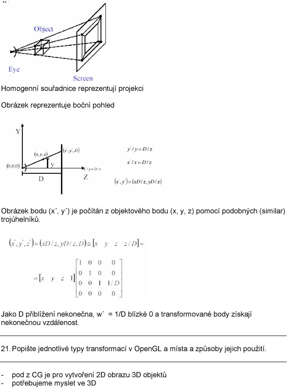 Jako D přiblížení nekonečna, w = 1/D blízké 0 a transformované body získají nekonečnou vzdálenost. 21.