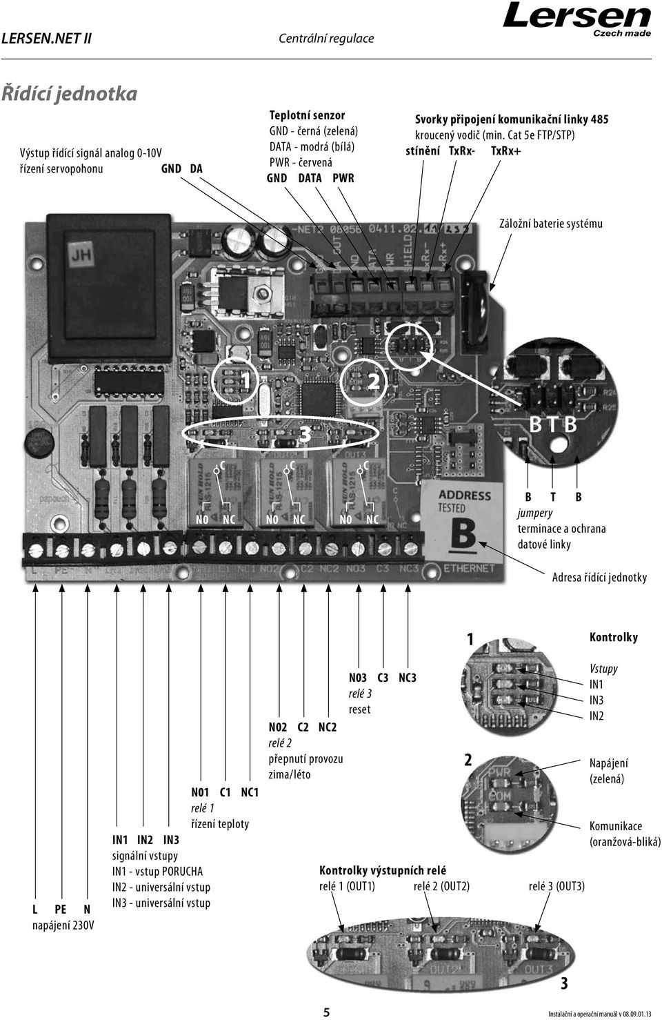 Cat 5e FTP/STP) stínění TxRx- TxRx+ Záložní baterie systému 1 2 3 C C C N0 NC N0 NC N0 NC B T B jumpery terminace a ochrana datové linky Adresa řídící jednotky 1 Kontrolky L PE N napájení 230V N01 C1