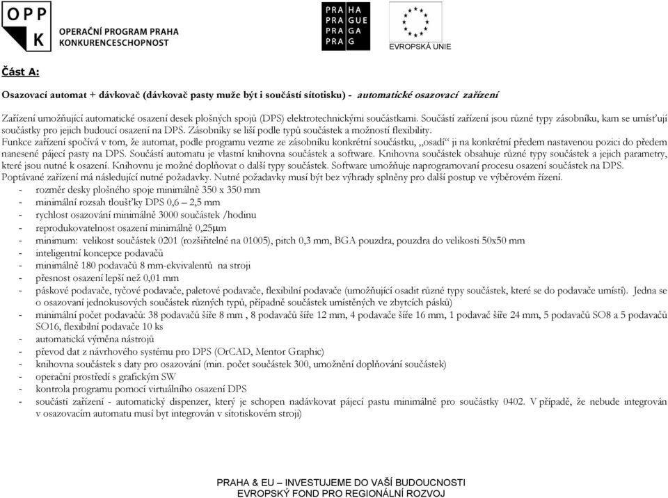 Funkce zařízení spočívá v tom, že automat, podle programu vezme ze zásobníku konkrétní součástku, osadí ji na konkrétní předem nastavenou pozici do předem nanesené pájecí pasty na DPS.
