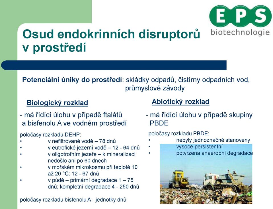 nedošlo ani po 60 dnech v mořském mikrokosmu při teplotě 10 až 20 C: 12-67 dnů v půdě primární degradace 1 75 dnů; kompletní degradace 4-250 dnů Abiotický rozklad - má