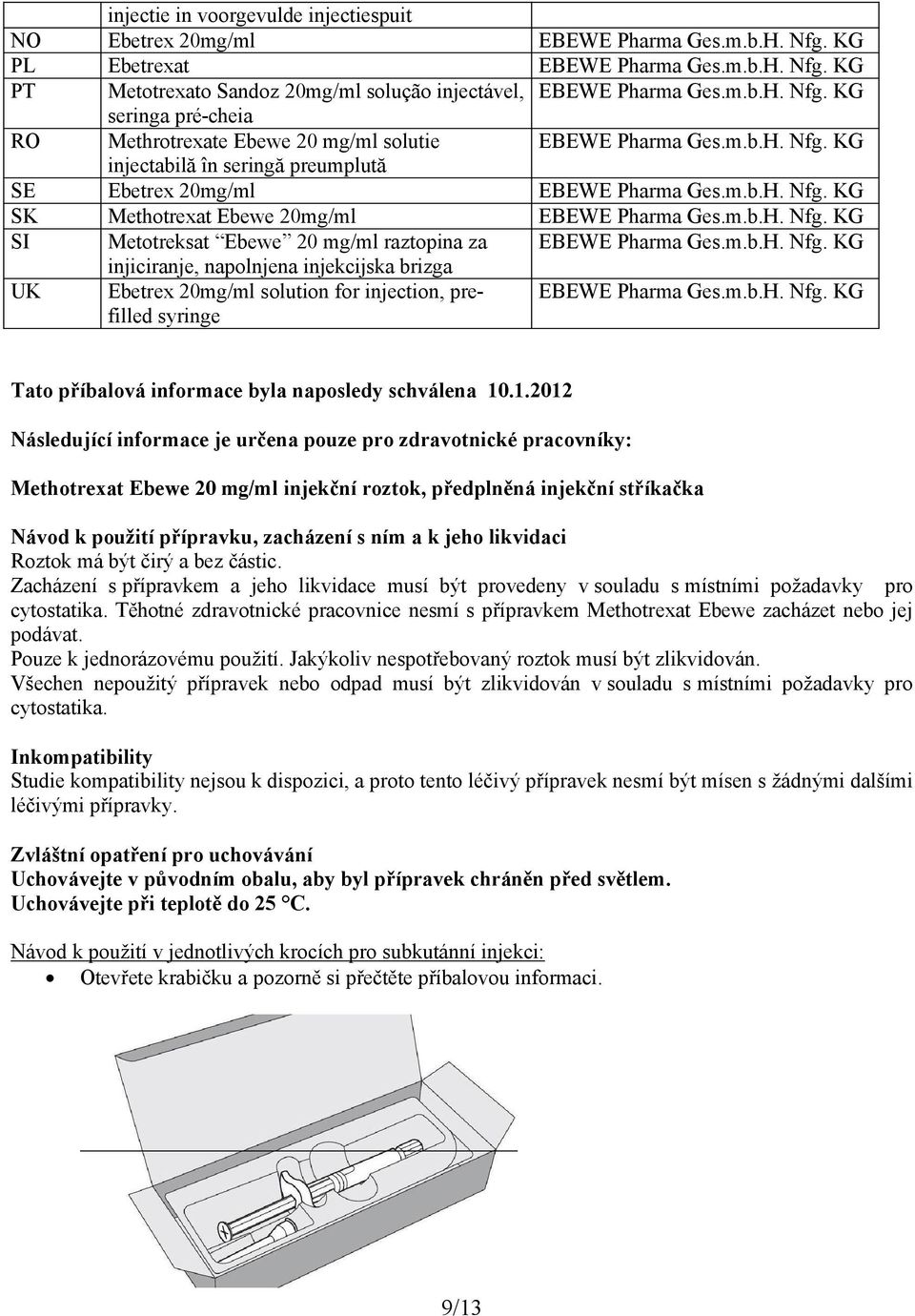 m.b.H. Nfg. KG SI Metotreksat Ebewe 20 mg/ml raztopina za EBEWE Pharma Ges.m.b.H. Nfg. KG injiciranje, napolnjena injekcijska brizga UK Ebetrex 20mg/ml solution for injection, prefilled syringe EBEWE Pharma Ges.