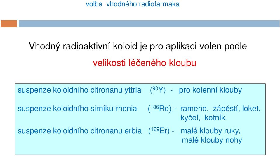 klouby suspenze koloidního sirníku rhenia ( 186 Re) - rameno, zápěstí, loket, kyčel,