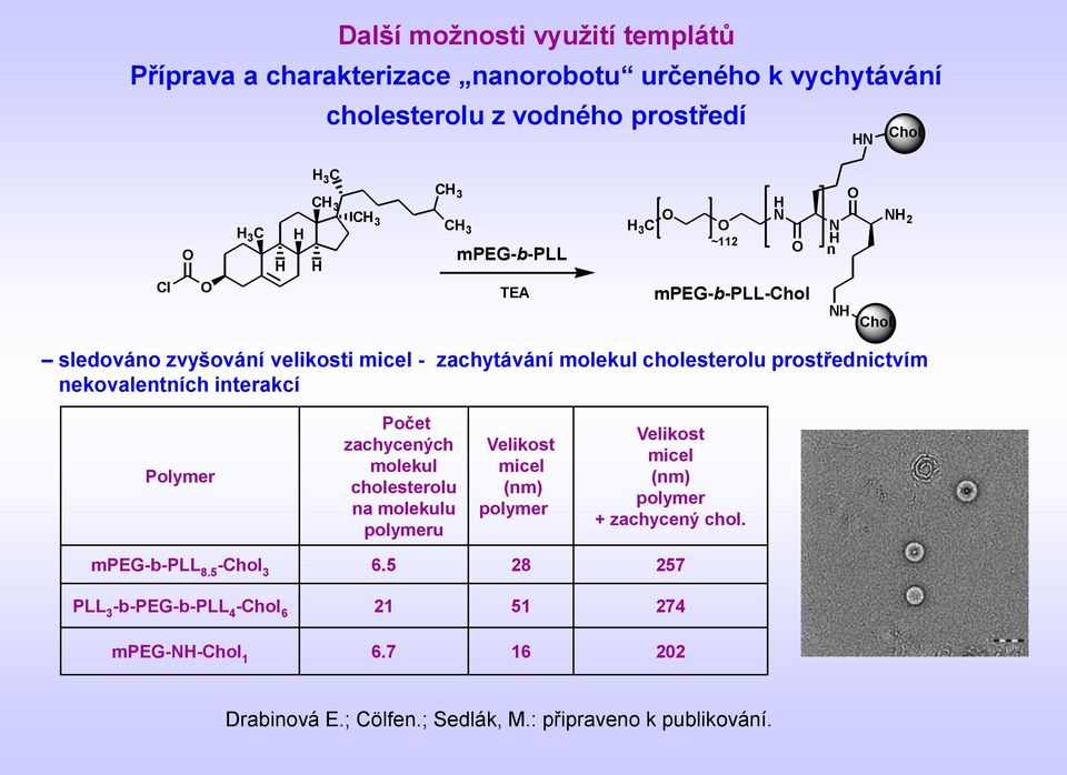 interakcí Polymer Počet zachycených molekul cholesterolu na molekulu polymeru Velikost micel (nm) polymer Velikost micel (nm) polymer + zachycený chol.
