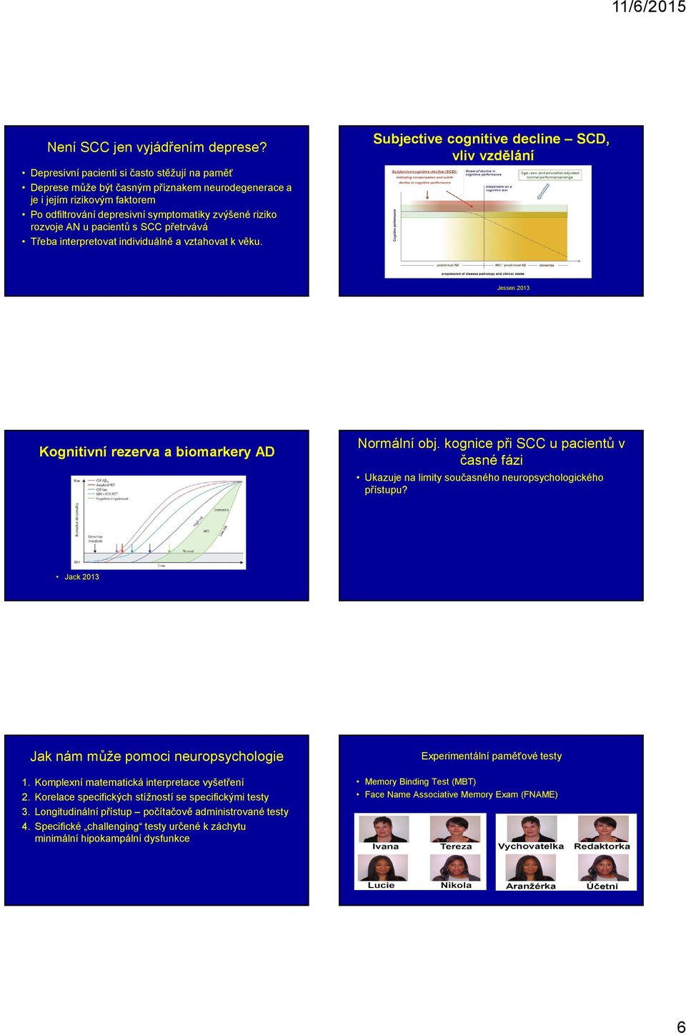 pacientů s přetrvává Třeba interpretovat individuálně a vztahovat k věku. Subjective cognitive decline SCD, vliv vzdělání Jessen 2013 Kognitivní rezerva a biomarkery AD Normální obj.