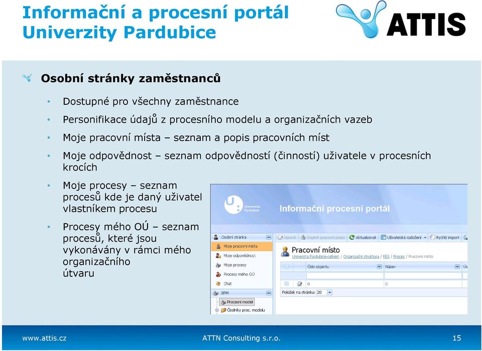 (činností) uživatele v procesních krocích Moje procesy seznam procesů kde je daný uživatel vlastníkem procesu