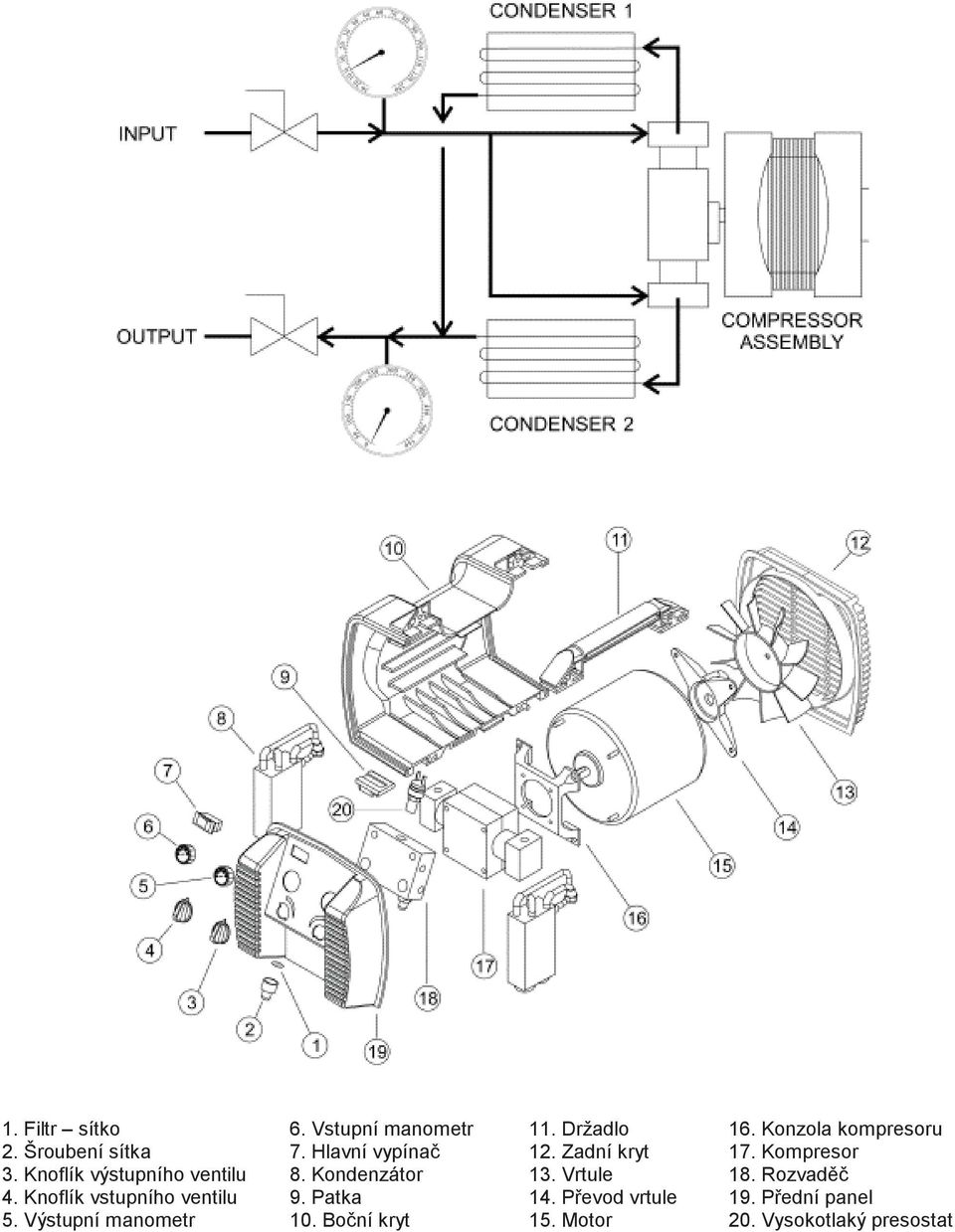 Knoflík výstupního ventilu 8. Kondenzátor 13. Vrtule 18. Rozvad 4.