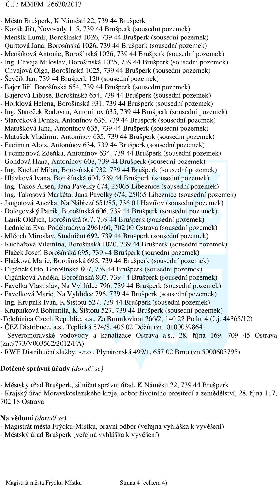 Chvaja Miloslav, Borošínská 1025, 739 44 Brušperk (sousední pozemek) - Chvajová Olga, Borošínská 1025, 739 44 Brušperk (sousední pozemek) - Ševčík Jan, 739 44 Brušperk 120 (sousední pozemek) - Bajer