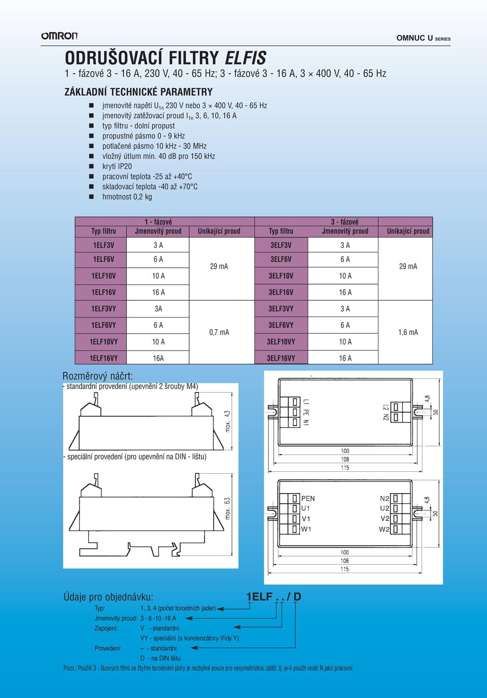 40 db pro 150 khz krytí IP20 pracovní teplota -25 až +40 C skladovací teplota -40 až +70 C hmotnost 0,2 kg OMNUC U SERIES 1 - fázové 3 - fázové Typ filtru Jmenovitý proud Unikající proud Typ filtru
