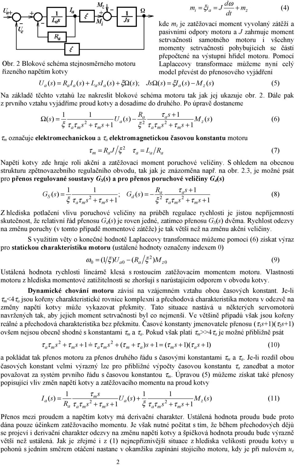 Pomocí Lplceovy trnsformce můžeme nyní celý model převést do přenosového vyjádření U = RI + LsI + ξ Ω( s); JsΩ( s) = ξi M z (5) N záldě těchto vzthů lze nreslit bloové schém motoru t j jej uzuje obr.