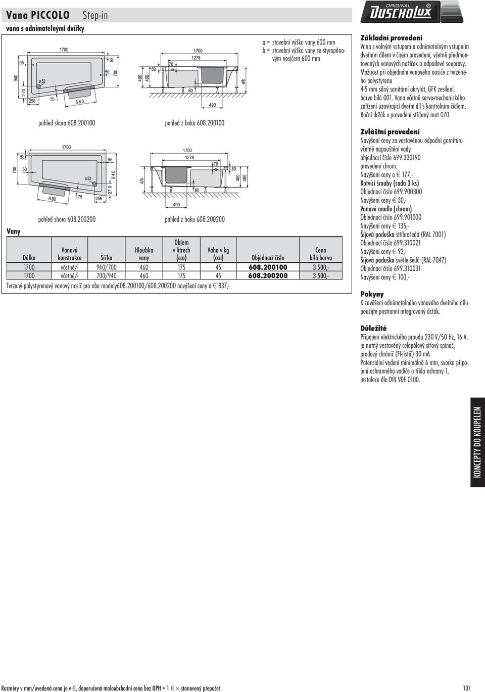200100 3 500,- 1700 včetně/- 700/940 460 175 45 608.200200 3 500,- Tvrzený polystyrenový vanový nosič pro oba modely608.200100/608.
