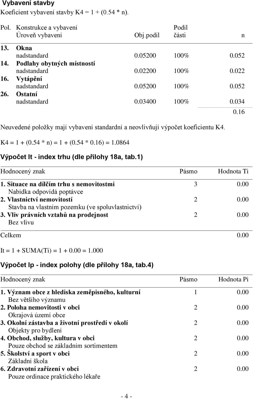 16 Neuvedené položky mají vybavení standardní a neovlivňují výpočet koeficientu K4. K4 = 1 + (0.54 * n) = 1 + (0.54 * 0.16) = 1.0864 Výpočet It - index trhu (dle přílohy 18a, tab.