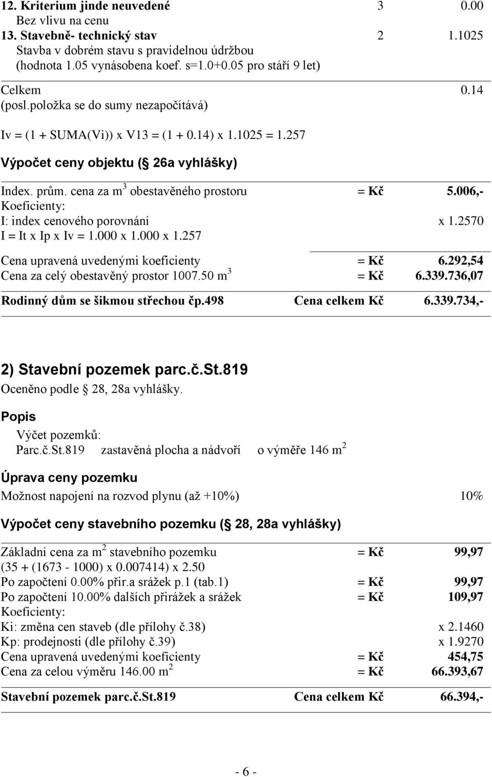cena za m 3 obestavěného prostoru = Kč 5.006,- Koeficienty: I: index cenového porovnání x 1.2570 I = It x Ip x Iv = 1.000 x 1.000 x 1.257 Cena upravená uvedenými koeficienty = Kč 6.