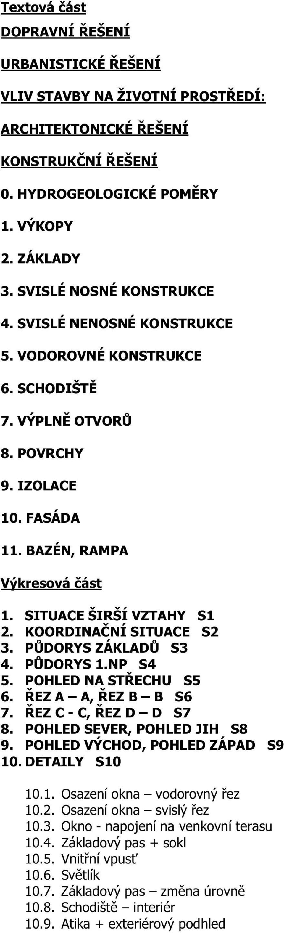 SITUACE ŠIRŠÍ VZTAHY S1 2. KOORDINAČNÍ SITUACE S2 3. PŮDORYS ZÁKLADŮ S3 4. PŮDORYS 1.NP S4 5. POHLED NA STŘECHU S5 6. ŘEZ A A, ŘEZ B B S6 7. ŘEZ C - C, ŘEZ D D S7 8. POHLED SEVER, POHLED JIH S8 9.