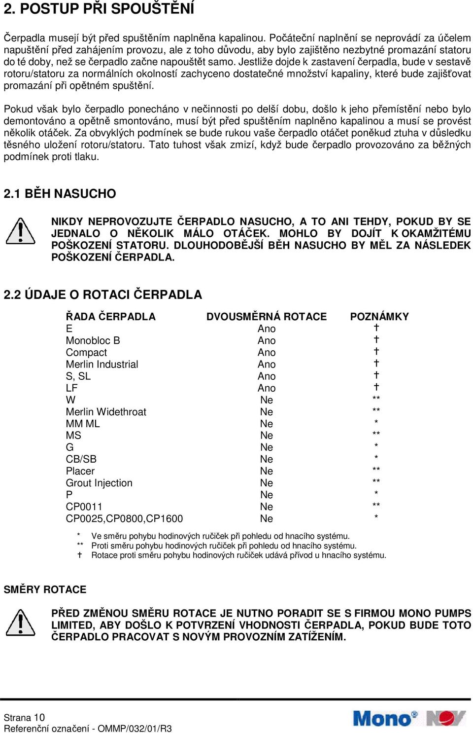 Jestliže dojde k zastavení čerpadla, bude v sestavě rotoru/statoru za normálních okolností zachyceno dostatečné množství kapaliny, které bude zajišťovat promazání při opětném spuštění.