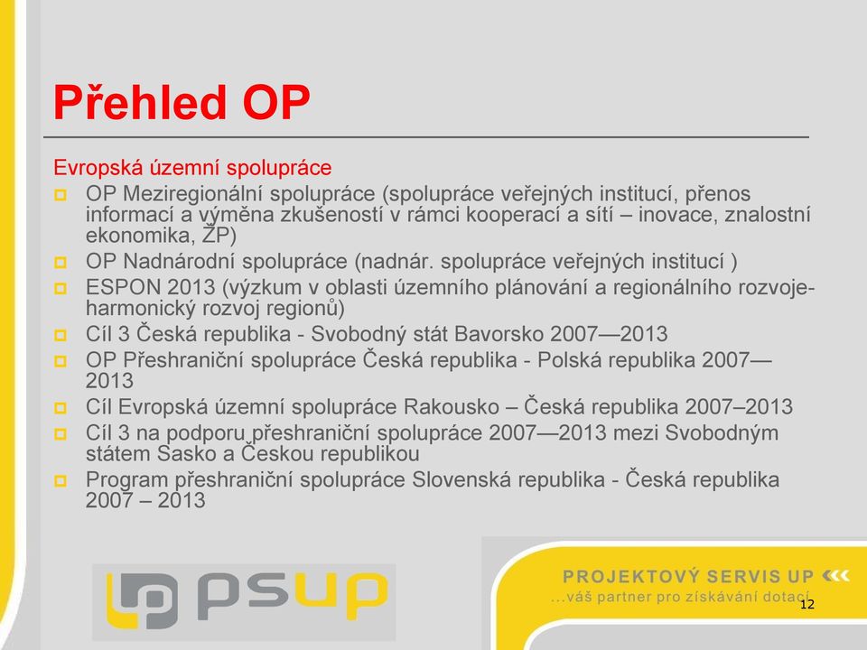 spolupráce veřejných institucí ) ESPON 2013 (výzkum v oblasti územního plánování a regionálního rozvojeharmonický rozvoj regionů) Cíl 3 Česká republika - Svobodný stát Bavorsko 2007