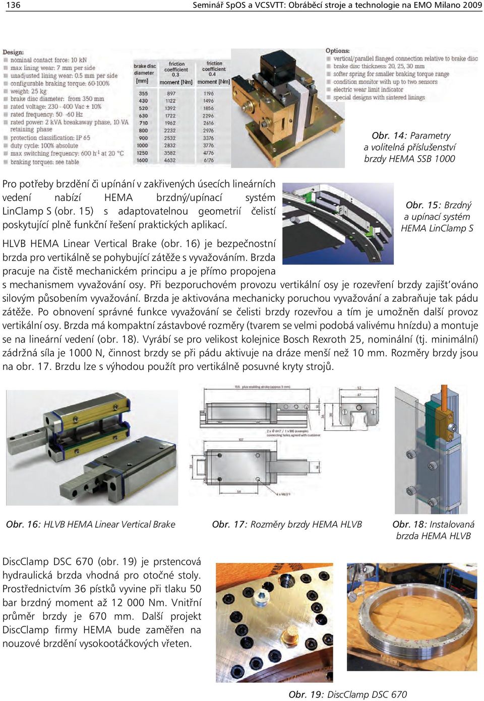 15: Brzdný a upínací systém HEMA LinClamp S HLVB HEMA Linear Vertical Brake (obr. 16) je bezpečnostní brzda pro vertikálně se pohybující zátěže s vyvažováním.