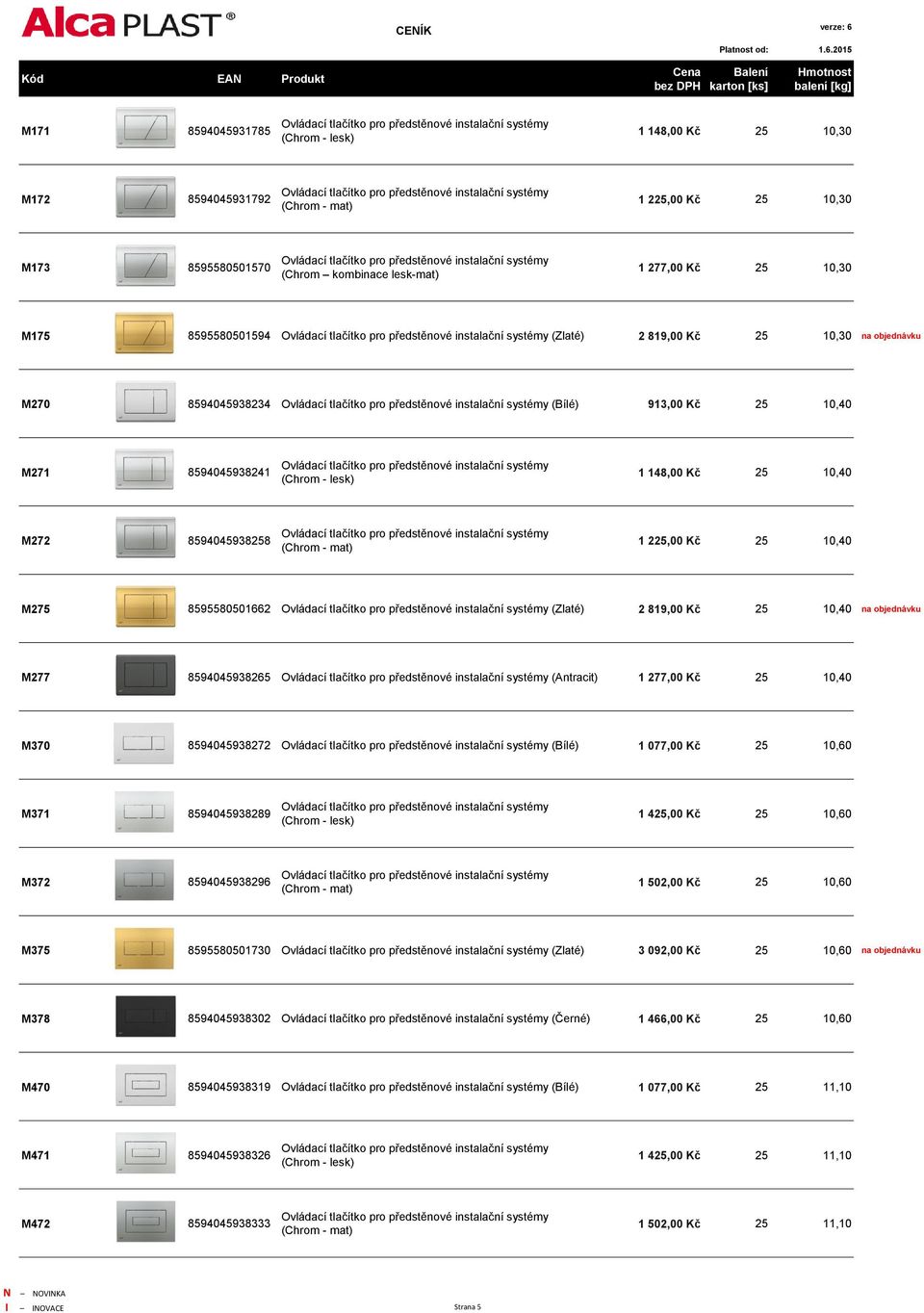 instalační systémy (Zlaté) 2 819,00 Kč 25 10,30 na objednávku M270 8594045938234 Ovládací tlačítko pro předstěnové instalační systémy (Bílé) 913,00 Kč 25 10,40 M271 8594045938241 Ovládací tlačítko