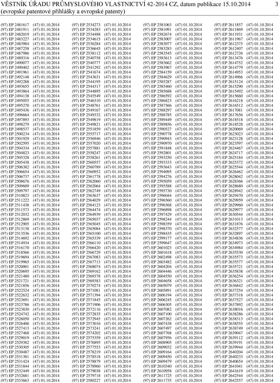 10.2014 (97) EP 2491961 (47) 01.10.2014 (97) EP 2492148 (47) 01.10.2014 (97) EP 2492288 (47) 01.10.2014 (97) EP 2493655 (47) 01.10.2014 (97) EP 2493864 (47) 01.10.2014 (97) EP 2494138 (47) 01.10.2014 (97) EP 2495055 (47) 01.
