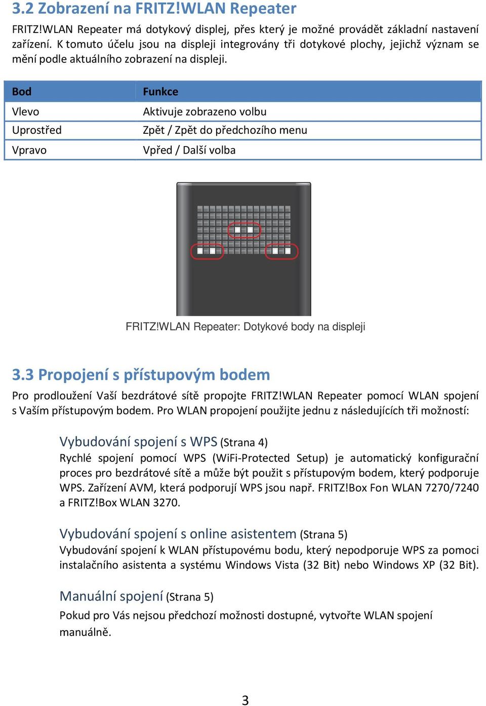 Bod Vlevo Uprostřed Vpravo Funkce Aktivuje zobrazeno volbu Zpět / Zpět do předchozího menu Vpřed / Další volba FRITZ!WLAN Repeater: Dotykové body na displeji 3.