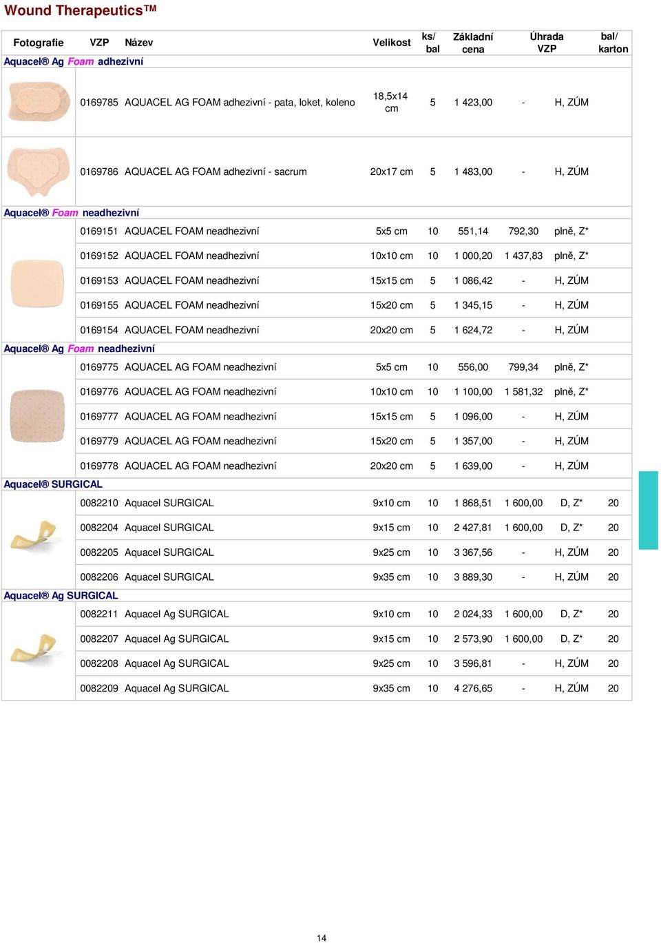 086,42 - H, ZÚM 0169155 AQUACEL FOAM neadhezivní 15x20 5 1 345,15 - H, ZÚM 0169154 AQUACEL FOAM neadhezivní 20x20 5 1 624,72 - H, ZÚM Aquacel Ag Foam neadhezivní 0169775 AQUACEL AG FOAM neadhezivní